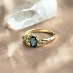 VAIANA cluster ring with blue and white lab-grown diamonds, angled close-up