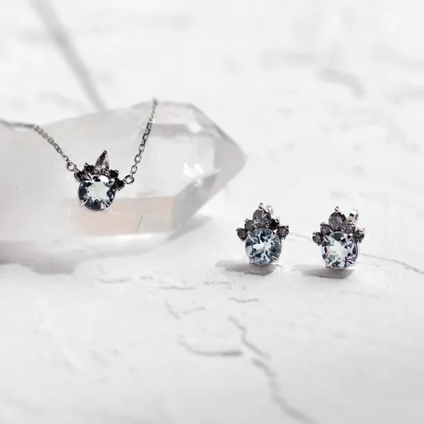 BELLASIN aquamarine and salt and pepper diamond necklace and matching earrings