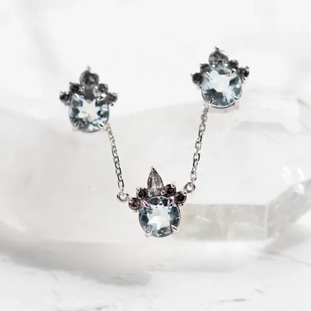 Close-up of the BELLASIN aquamarine and salt and pepper diamond jewellery set