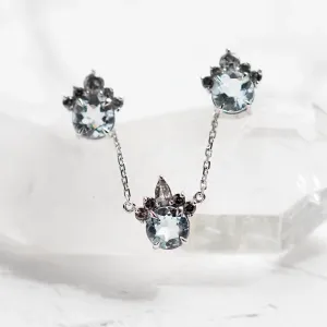 Close-up of the BELLASIN aquamarine and salt and pepper diamond jewellery set