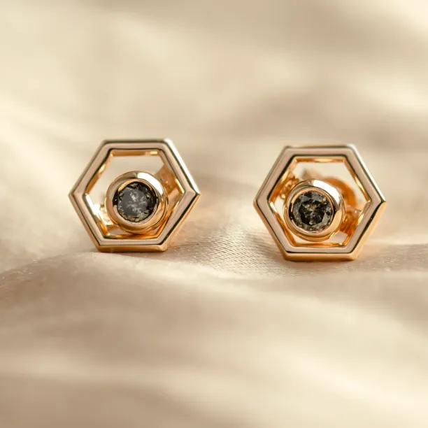 SAM gold hexagonal earrings with removable central gemstones