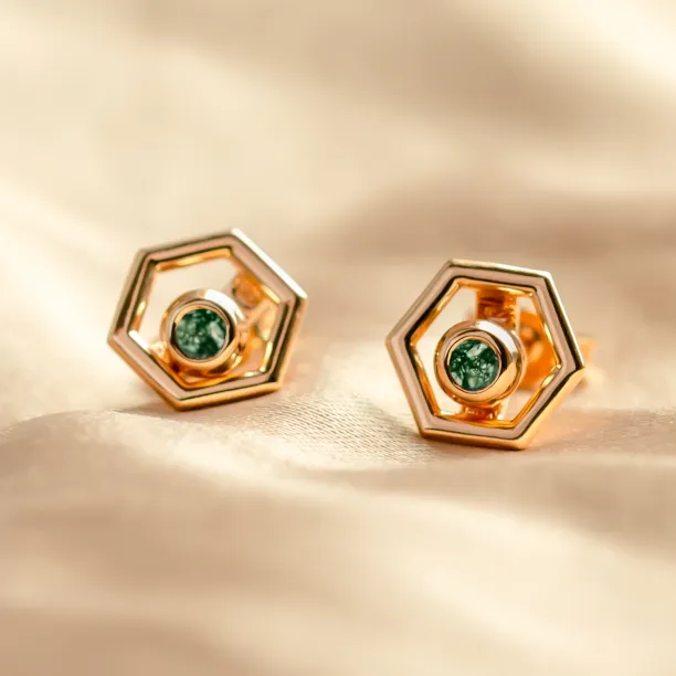 SAM gold hexagonal earrings with moss agate gemstones