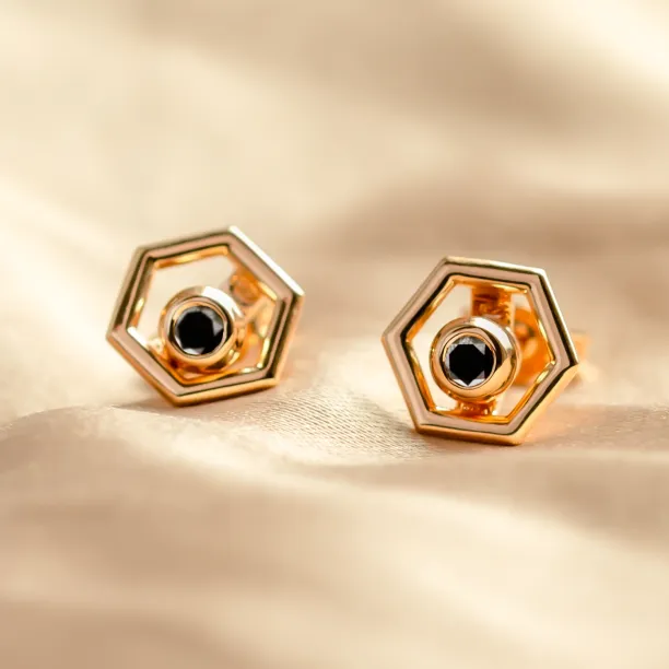 Rose gold hexagonal earrings with removable gemstones