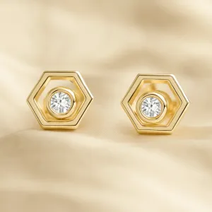 Yellow gold hexagonal earrings with removable gemstones
