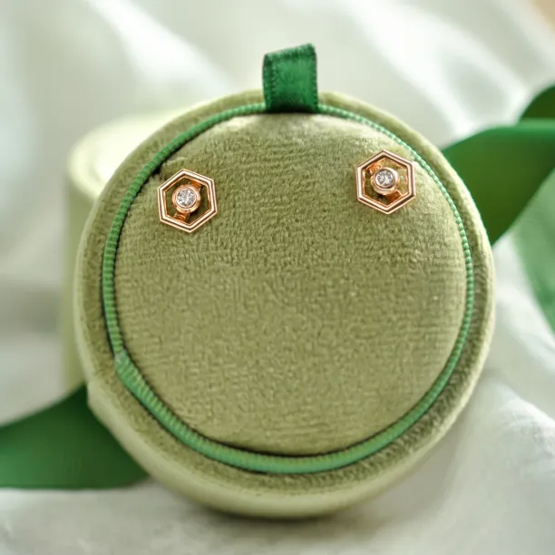 Pair of SAM gold hexagonal earrings with central gemstones on a display cushion