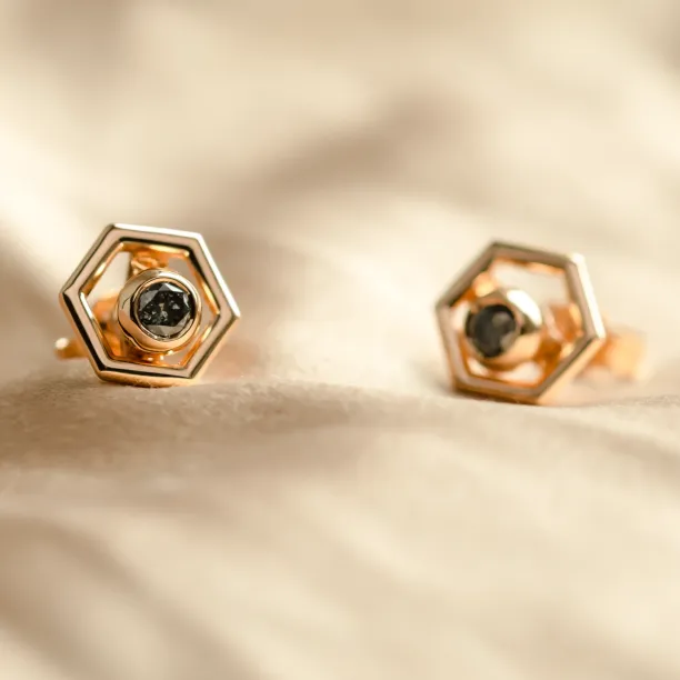 Pair of SAM gold hexagonal earrings with dark central gemstones