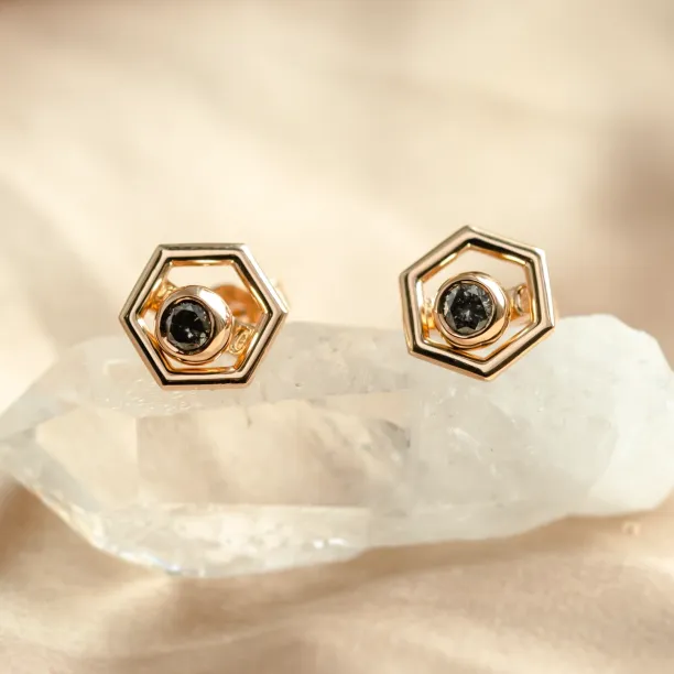 SAM gold hexagonal earrings with removable dark gemstones