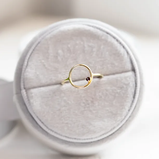 Overhead view of the minimalist red garnet MERIDAL ring
