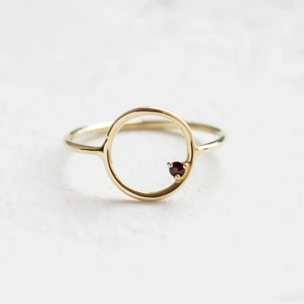 Minimalist red garnet ring MERIDAL with a circular setting