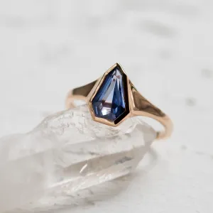 Close-up of the PLATON gold signet ring and blue sapphire