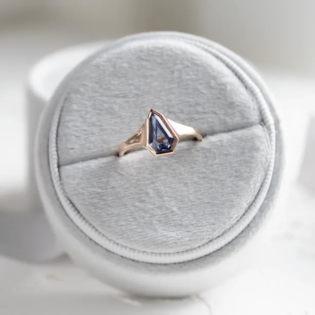 Full view of the PLATON blue sapphire signet ring
