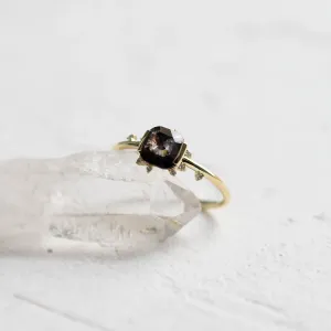 Angled view of the WINNIE cluster salt and pepper diamond ring