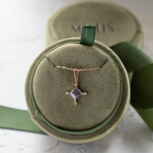 CRESSIDA salt and pepper diamond necklace shown in full with its geometric pendant
