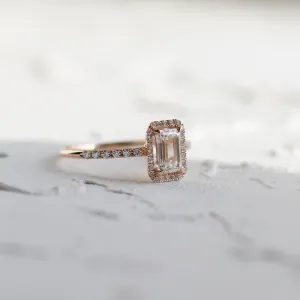Angled view of the CELESTE lab-grown diamond engagement ring and pavé band