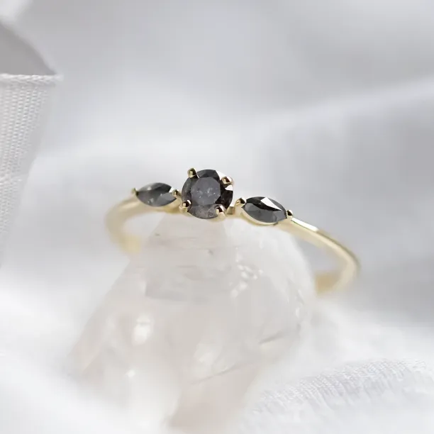 Close-up of RINA ring with three faceted salt and pepper diamonds