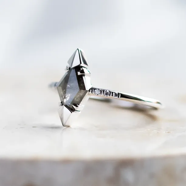 Profile view of the KYLEEN salt and pepper diamond engagement ring