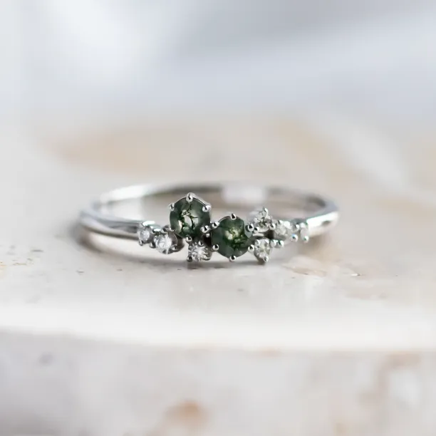 CLARION cluster ring with moss agates and diamonds