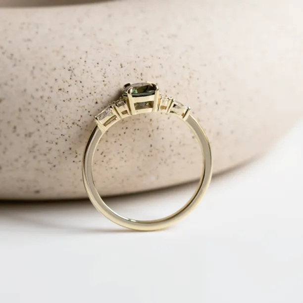 Rear view of the MAIDEN natural green sapphire and diamond engagement ring