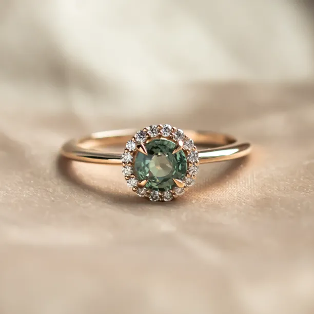 Zlatý halo zásnubní prsten se zeleným safírem a diamanty SPARKLE