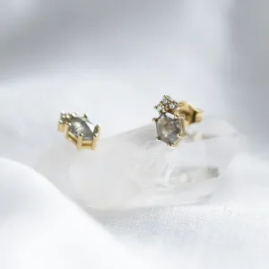 Side detail of TERRA stud earrings with salt and pepper diamonds