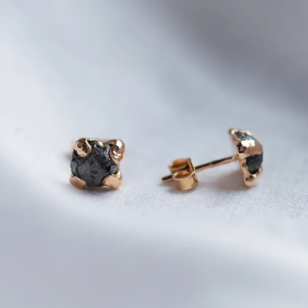 CORDELIA earrings with natural untreated rough grey diamonds, shown from front and side