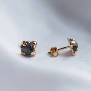 CORDELIA earrings with natural untreated rough grey diamonds, shown from front and side