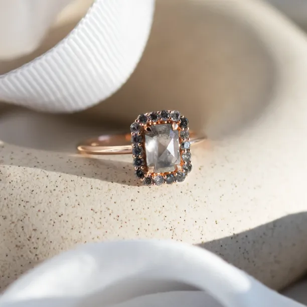 LUCIANA gold vintage engagement ring with a salt and pepper diamond halo