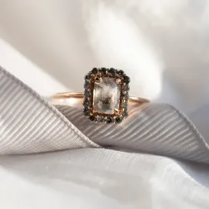 Close-up of the LUCIANA vintage engagement ring with salt and pepper diamonds