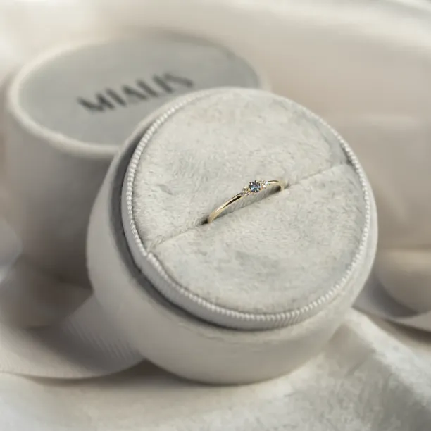 Angled view of the SABINE minimalist sapphire and diamond ring
