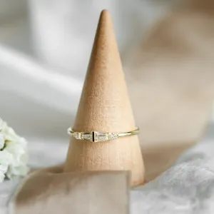Close-up of the LUMI ring with tapered baguette and round moissanites