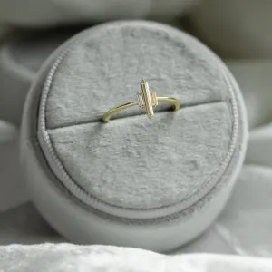 THEA engagement ring with three baguette moissanites, angled view