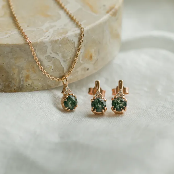 Zlatá sada šperků TALIA s mechovým achátem a diamanty, náhrdelník a náušnice
