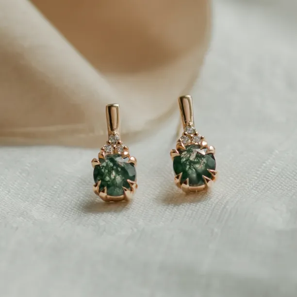 Pair of TIA gold earrings with moss agate and diamonds