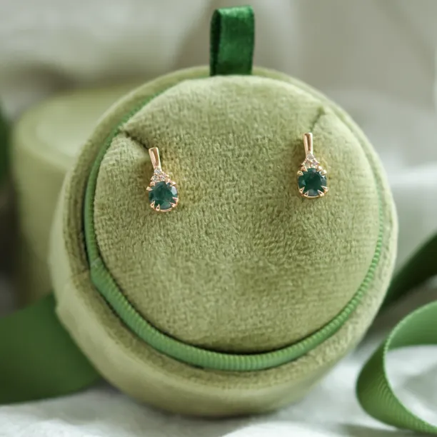 Pair of TIA gold earrings with moss agate and diamonds