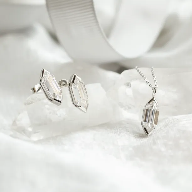 SERAPHINA moissanite jewellery set displayed with necklace and earrings