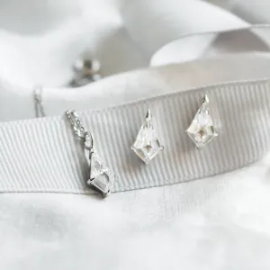 Close-up of the DEVON moissanite necklace and matching earrings