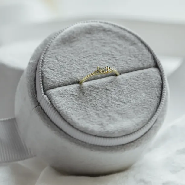 Gold STERN ring with lab created diamonds, elevated angled view