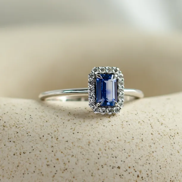LEAR engagement ring with baguette teal sapphire and diamond halo