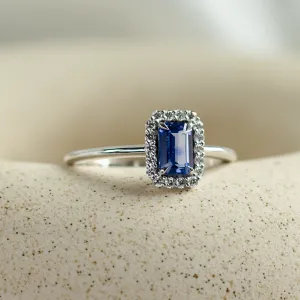 LEAR engagement ring with baguette teal sapphire and diamond halo