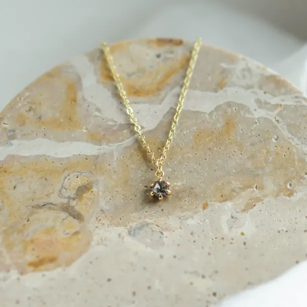 CADIE gold pendant with salt and pepper diamond, shown with its chain