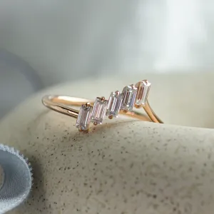 Close-up of the FRANCES gold ring and its five baguette moissanites