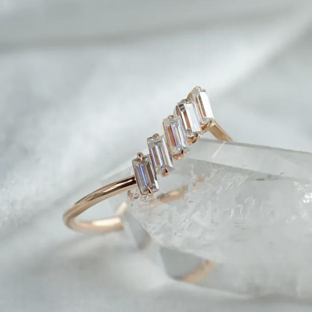 Close-up of five baguette moissanites on the FRANCES gold ring