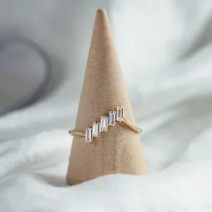 FRANCES unusual gold ring with five baguette moissanites in an angled view