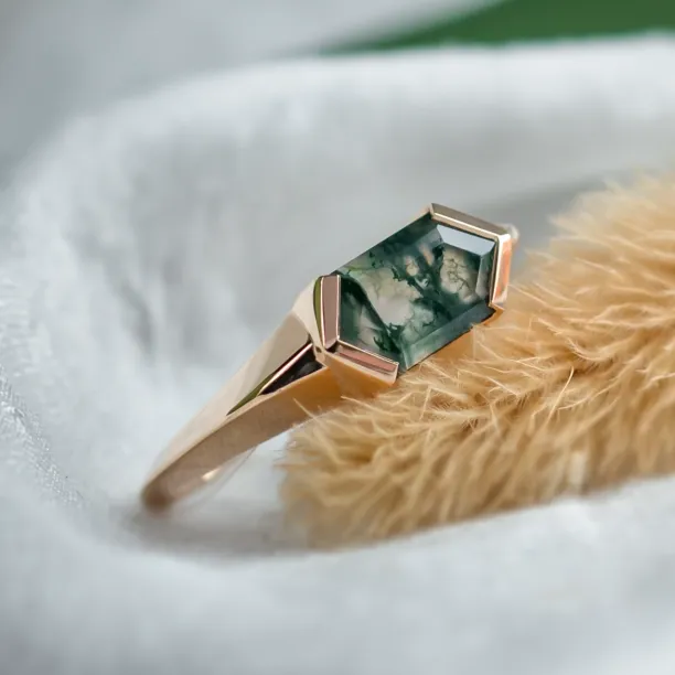 Original east west ring with trendy solid bezel and hexagonal moss agate SEI Image
