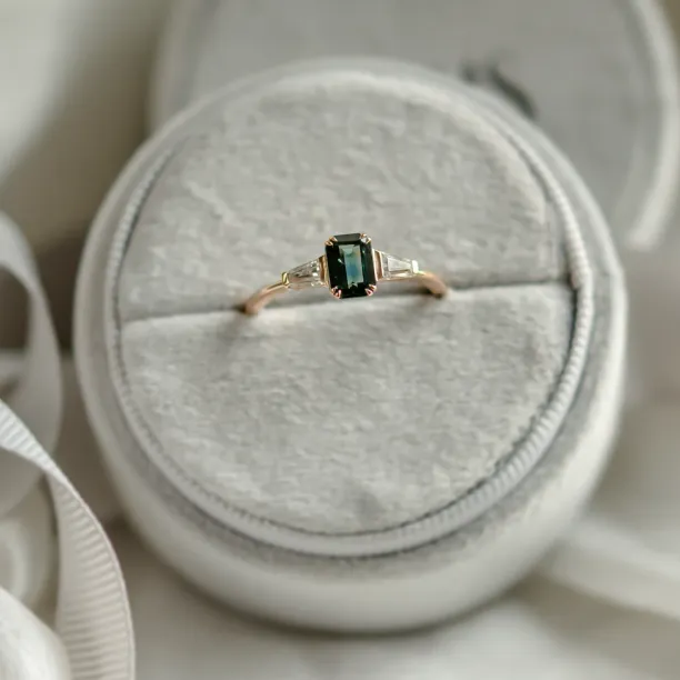Vintage zásnubní prsten s emerald safírem a baguette trapéz moissanity JENNA Image