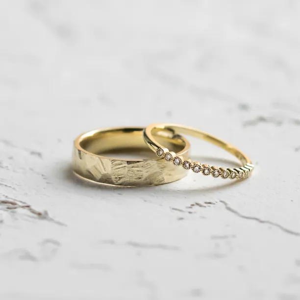 Original wedding rings with diamonds PAIR, featuring a diamond eternity ring and hammered band