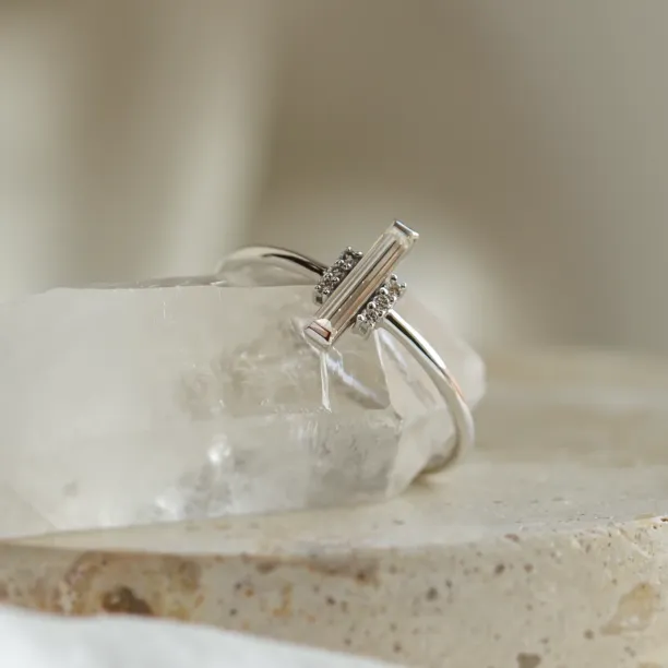 Side-angled view of the ETHEL ring with central baguette moissanite