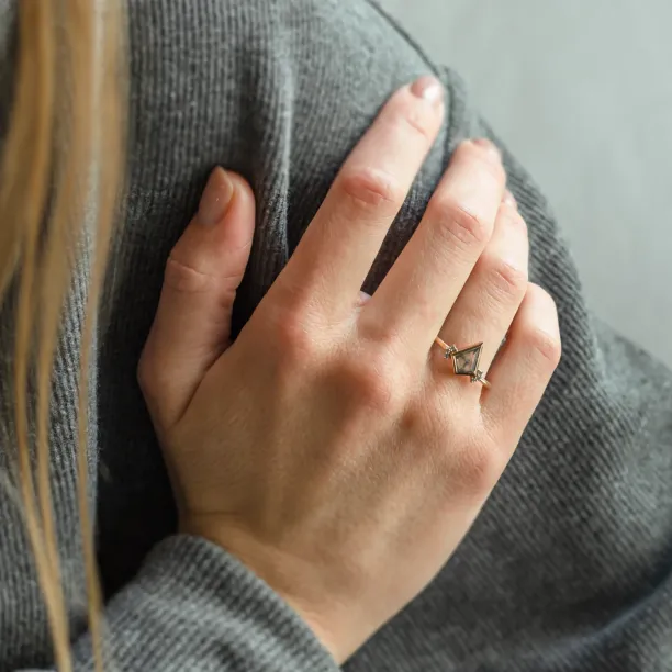 KAREN engagement ring with a kite-shaped salt and pepper diamond worn on the hand