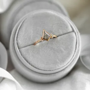Angled view of the KAREN engagement ring with a kite-shaped salt and pepper diamond