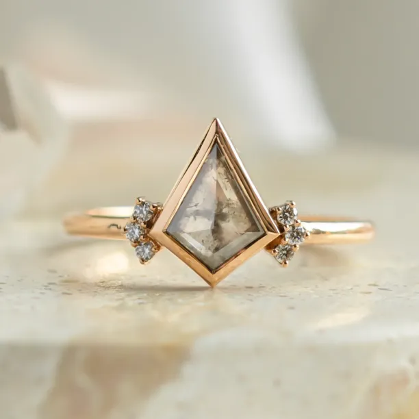 KAREN engagement ring with a kite-shaped salt and pepper diamond and side diamonds